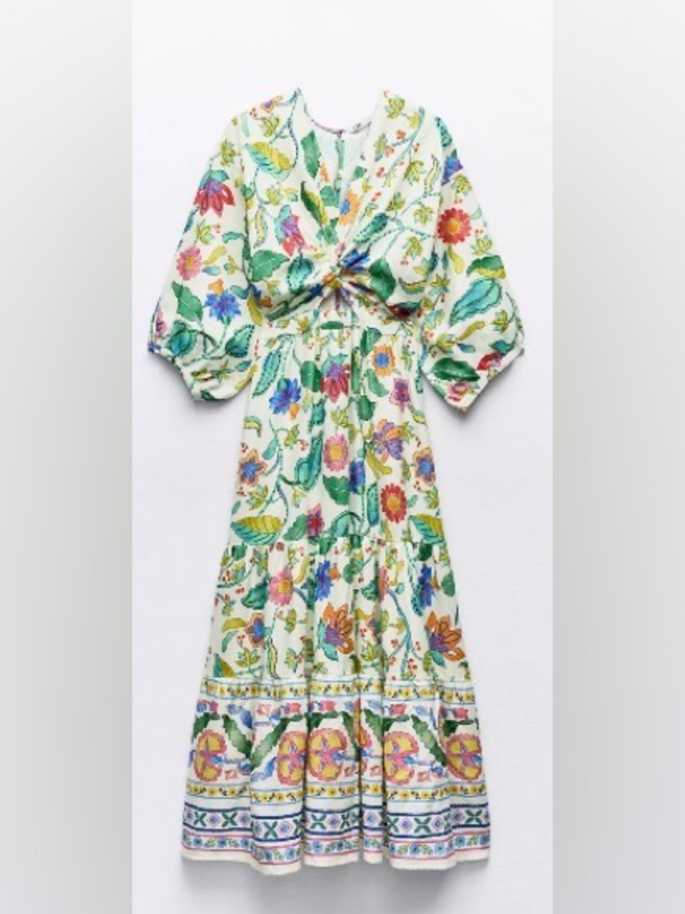 Zara White Floral Twist-Front Midi Dress with Multicolor Print